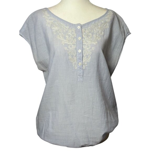 Loft Womens Cap Sleeve Blouse With Embroidered Front Button Placket Blue Size M - Picture 2 of 9